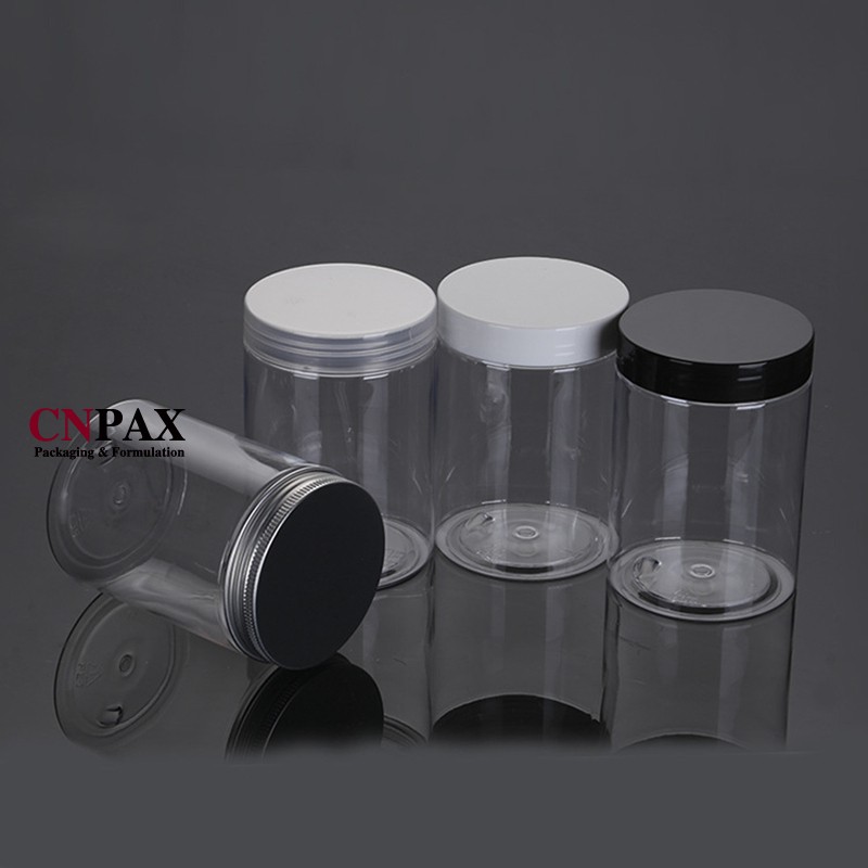 Clear PET plastic jar with black lid